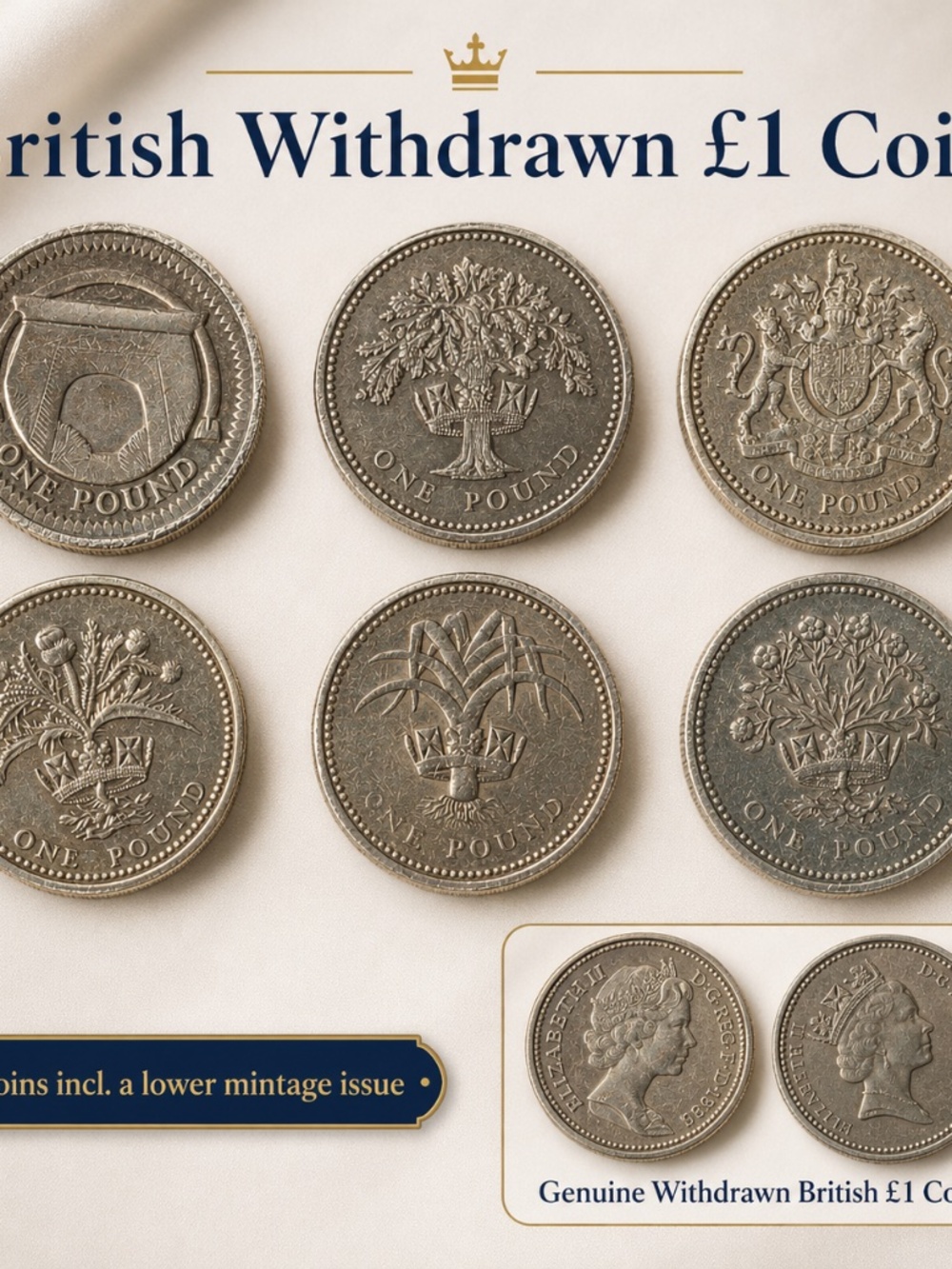 6 British Round £1 Coins 1983–2006 incl. Lower-Mintage 1986 Flax 10.9m issued